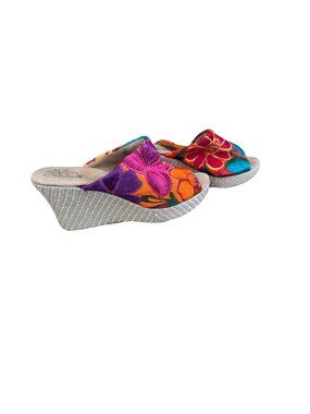 Bordarte Womens Floral Embroidered Textile Wedge Sandals Handcrafted Multicolor